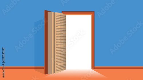 Creative open door book background illustration. Concept of education solution. world of knowledge.