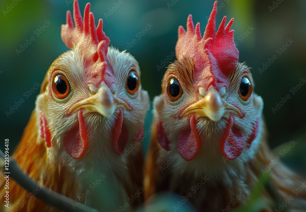 Fototapeta premium Close-Up of Two Curious Chickens with Vibrant Red Comb and Bright Eyes Captures the Intriguing Essence of Poultry Life in a Natural Setting