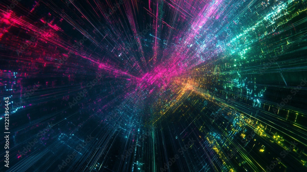 Abstract colorful digital data streams converging at a central point, creating a dynamic and energetic visual. Abstract colorful digital data streams converging at a central point, creating a dynamic and energetic visual.