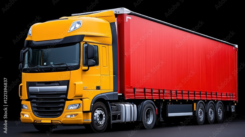 Powerful Logistics: A vibrant yellow and red semi-trailer truck stands majestically against a dark background, symbolizing efficient transportation and global trade. Powerful Logistics: A vibrant yellow and red semi-trailer truck stands majestically against a dark background, symbolizing efficient transportation and global trade.