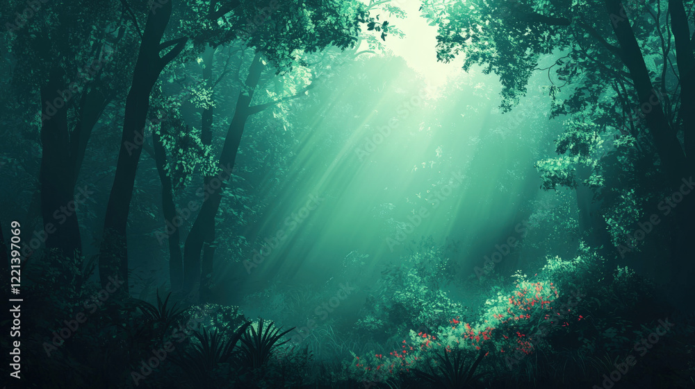 Fototapeta premium Mystical Sunbeams Breaking Through Forest Trees Creating Magical Atmosphere in Green Woods