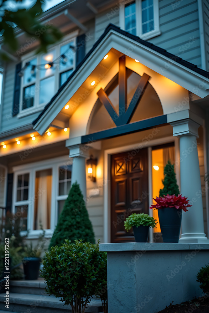 Fototapeta premium Illuminated House Entrance at Night: Modern Home Exterior Design, Real Estate Photography