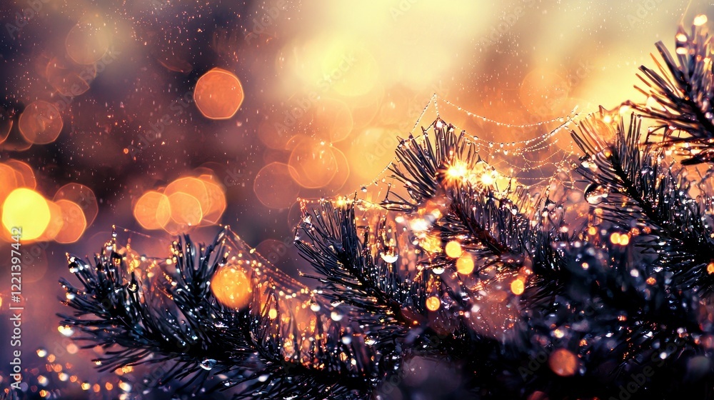 Fototapeta premium Dew-kissed pine branch, bokeh background, forest, autumn, website banner