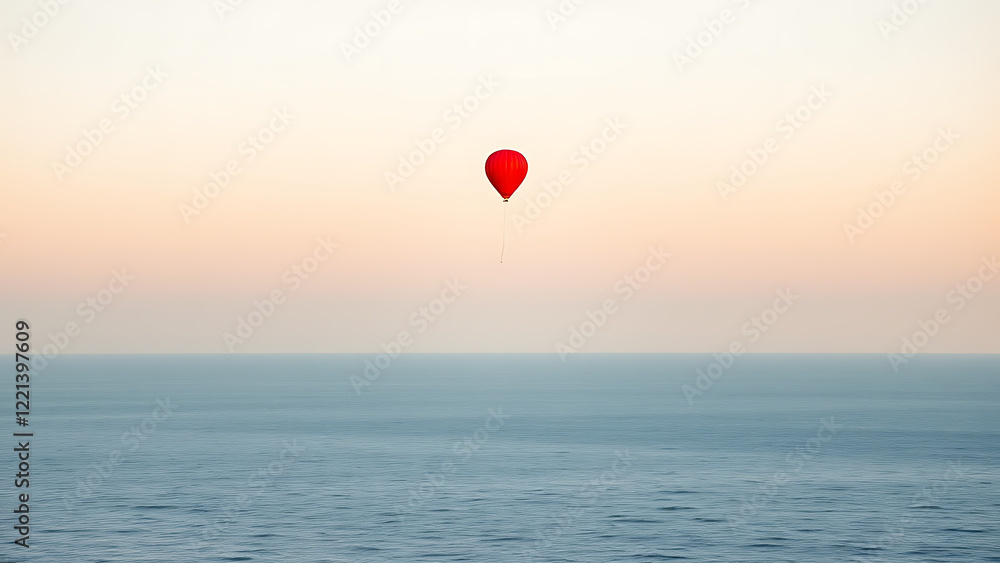 A single, small, red hot air balloon floats in a pale sky above a calm, expansive ocean A single, small, red hot air balloon floats in a pale sky above a calm, expansive ocean