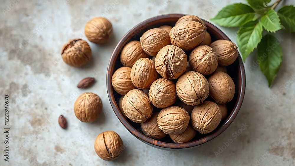 A brown bowl overflowing with walnuts sits on a light gray surface A brown bowl overflowing with walnuts sits on a light gray surface