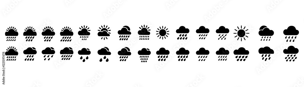 Black weather icon silhouette. Depicting sunny, rainy, snowy, stormy conditions. Black weather icon silhouette. Depicting sunny, rainy, snowy, stormy conditions.