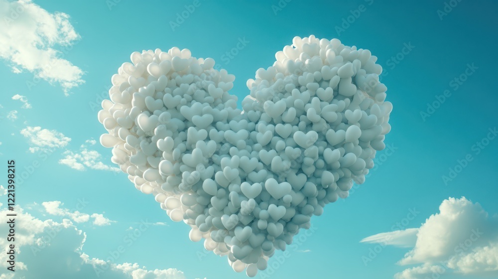 Naklejka premium A heart-shaped balloon drifts among fluffy clouds in a clear sky, symbolizing love and joy.
