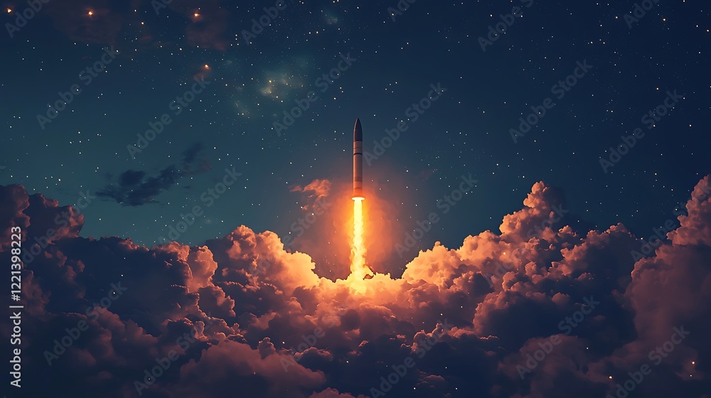 Obraz premium Night Missile Launch Through Clouds, Starry Sky Background