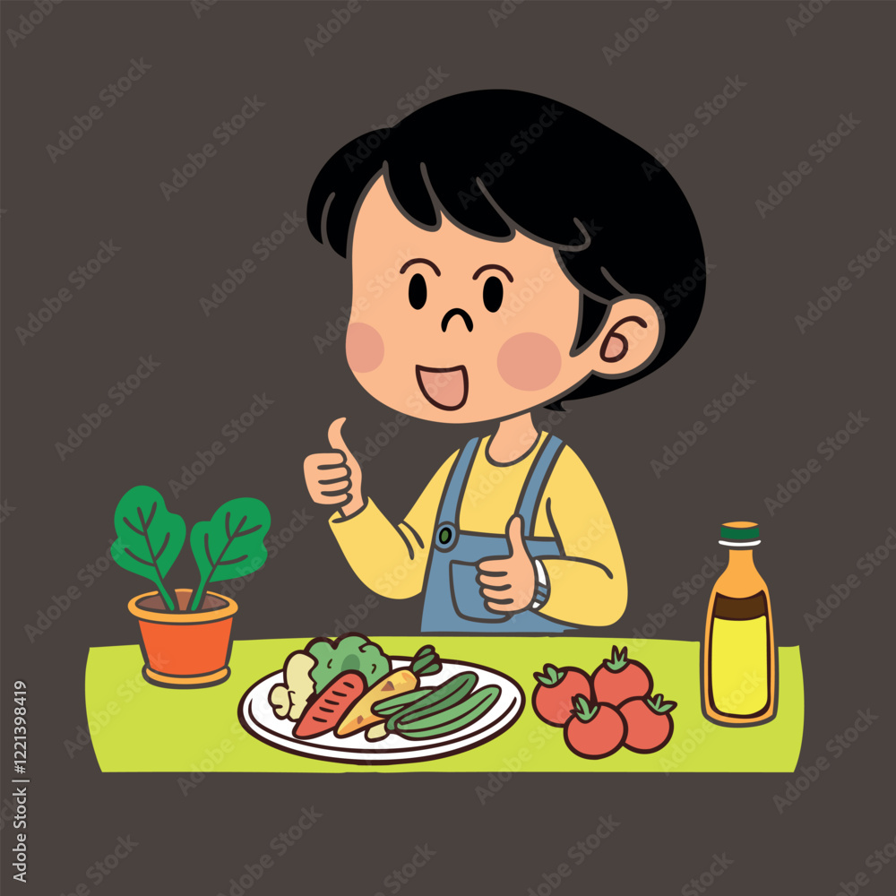 Vector illustration of a little boy eating vegetables Vector illustration of a little boy eating vegetables