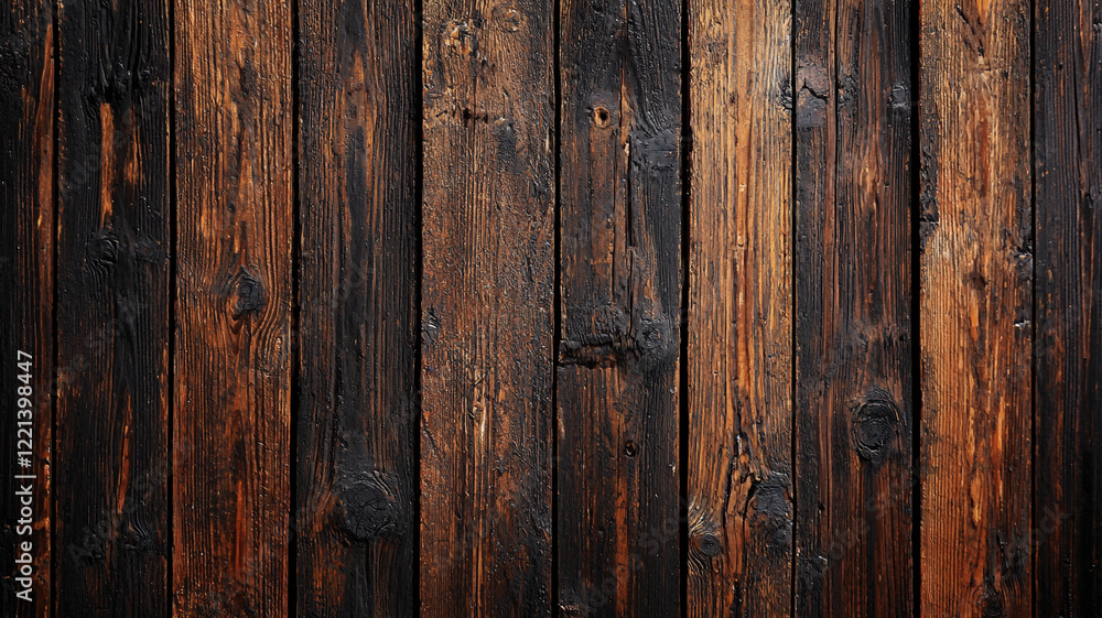 Dark burnt wooden planks with rustic texture and aged natural patterns in a vintage style. Dark burnt wooden planks with rustic texture and aged natural patterns in a vintage style.