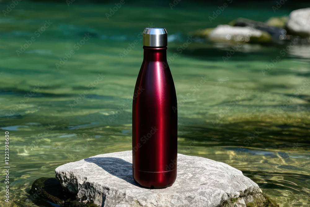 Maroon Water Bottle on a Rock in the River. Tumbler Bottle Mockup Maroon Water Bottle on a Rock in the River. Tumbler Bottle Mockup