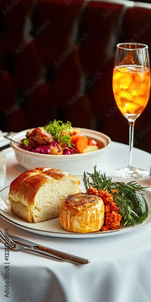 Elegant upscale dining experience gourmet restaurant table settings and dishes warm atmosphere wide angle shot fine dining Elegant upscale dining experience gourmet restaurant table settings and dishes warm atmosphere wide angle shot fine dining