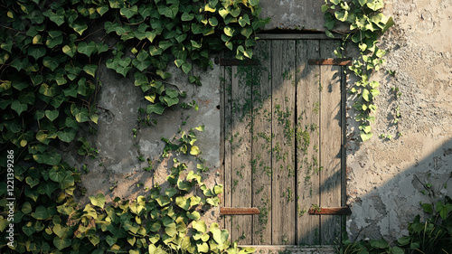 Obraz na płótnie Vintage Wooden Door on Stone Wall with Green Ivy Leaves Creating Secret Garden w salonie