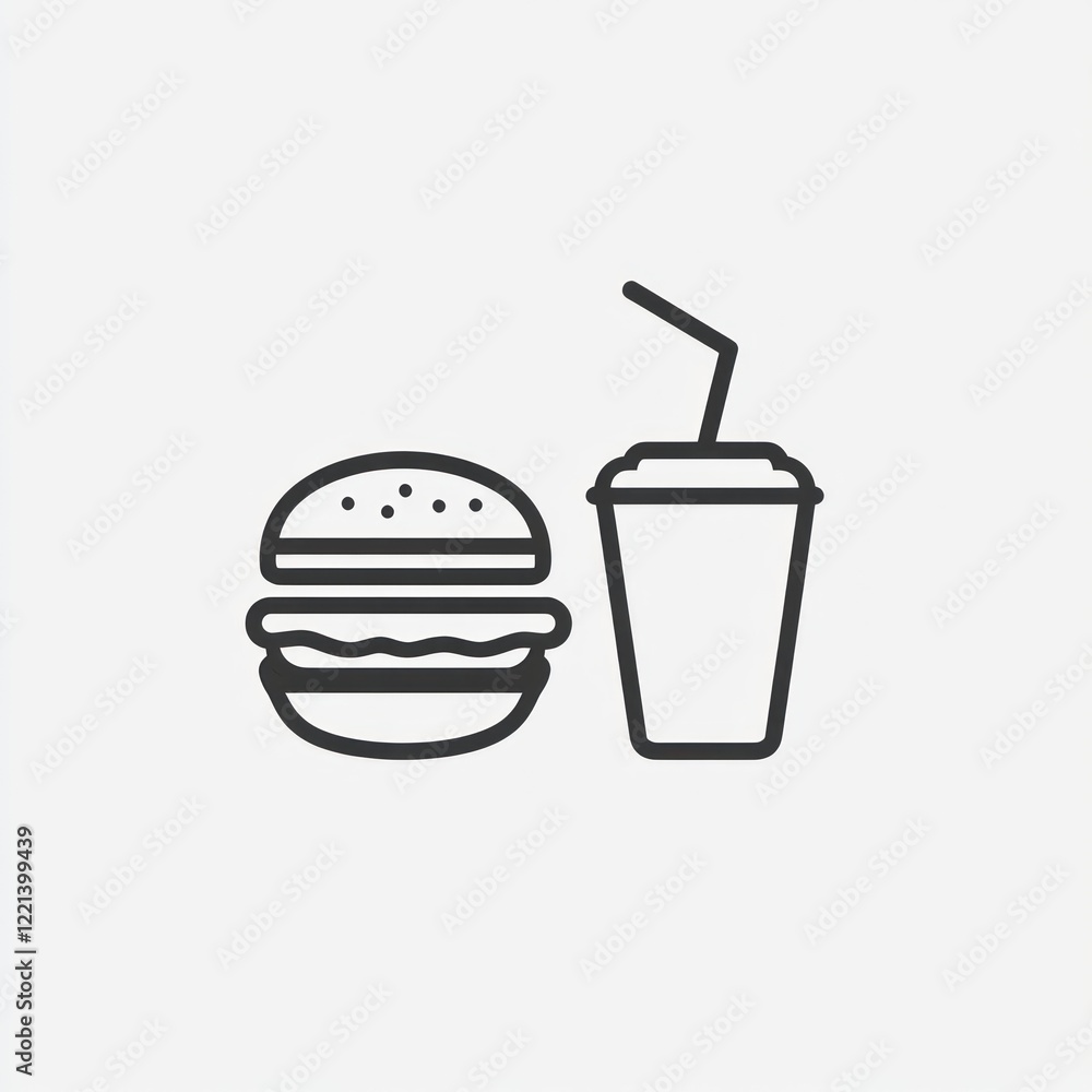 Simple black line art of burger and soda cup Simple black line art of burger and soda cup