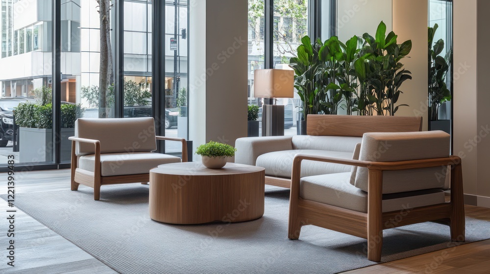 Fototapeta premium Modern Lobby Interior Design: Tranquil Space with Wooden Furniture and Natural Light