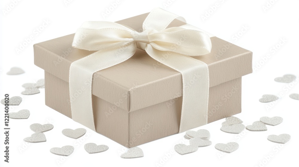 A charming gift box adorned with a bow and surrounded by scattered hearts for Valentine's Day. A charming gift box adorned with a bow and surrounded by scattered hearts for Valentine's Day.