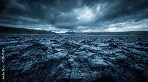 Dramatic Iceland lava field under stormy sky