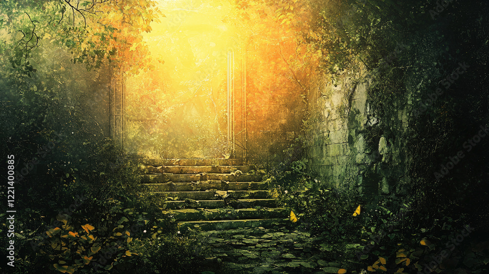 Fototapeta premium Mystical Stone Staircase Leading Toward Glowing Light Surrounded by Lush Greenery and Golden Sunlight.