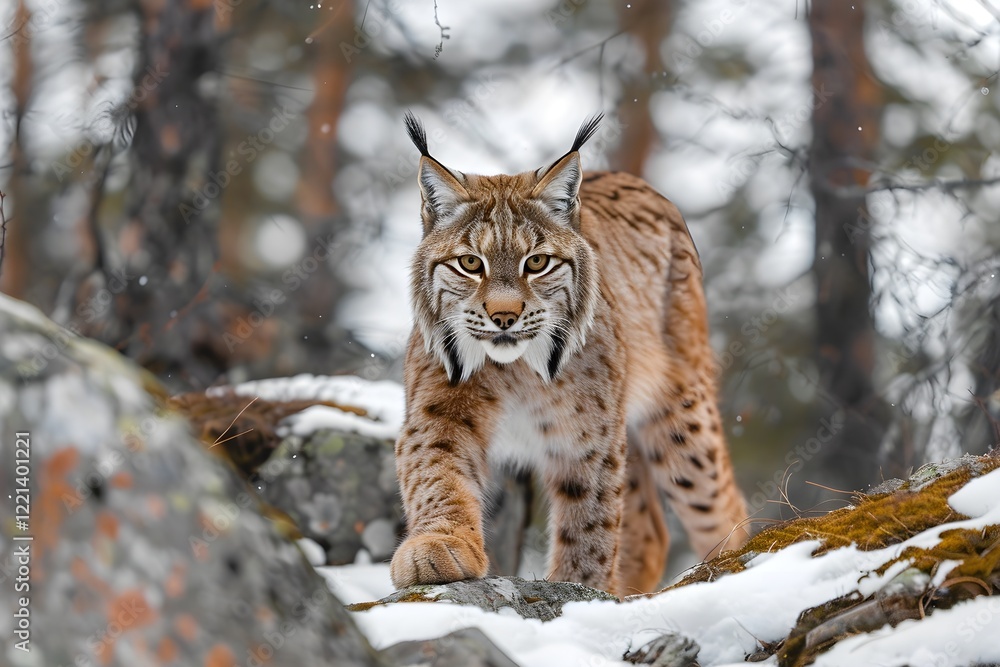 Obraz premium A lynx walking across a snow covered forest