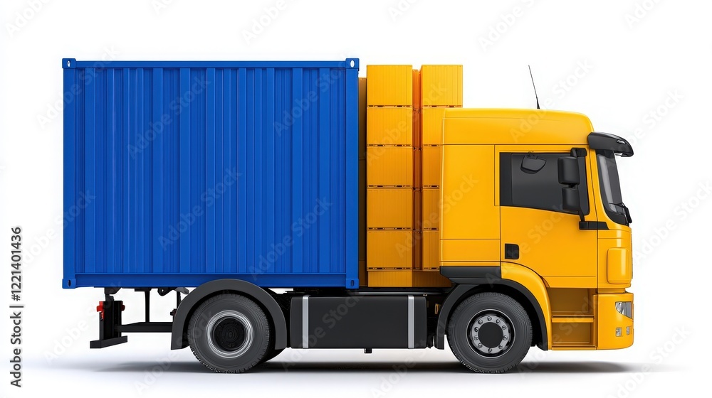 Yellow Truck with Blue Container: A vibrant yellow semi-truck carries a bright blue shipping container, showcasing efficient logistics and global trade. The image is clean. Yellow Truck with Blue Container: A vibrant yellow semi-truck carries a bright blue shipping container, showcasing efficient logistics and global trade. The image is clean.