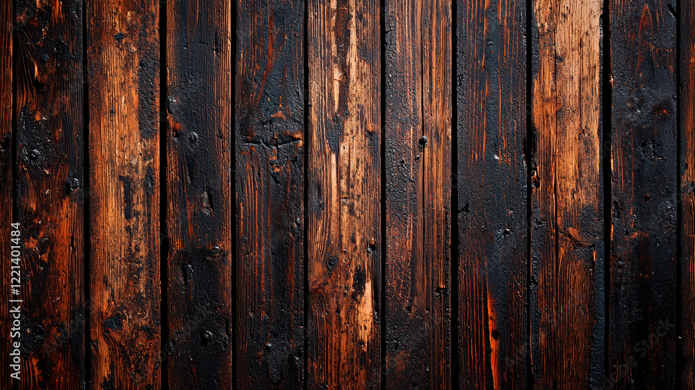 Naklejka premium Dark burnt wooden planks with rustic texture and aged natural patterns in a vintage style.