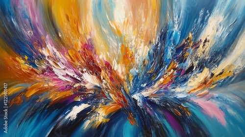 Abstract painting featuring vibrant colors and dynamic brushstrokes evoking energy and motion