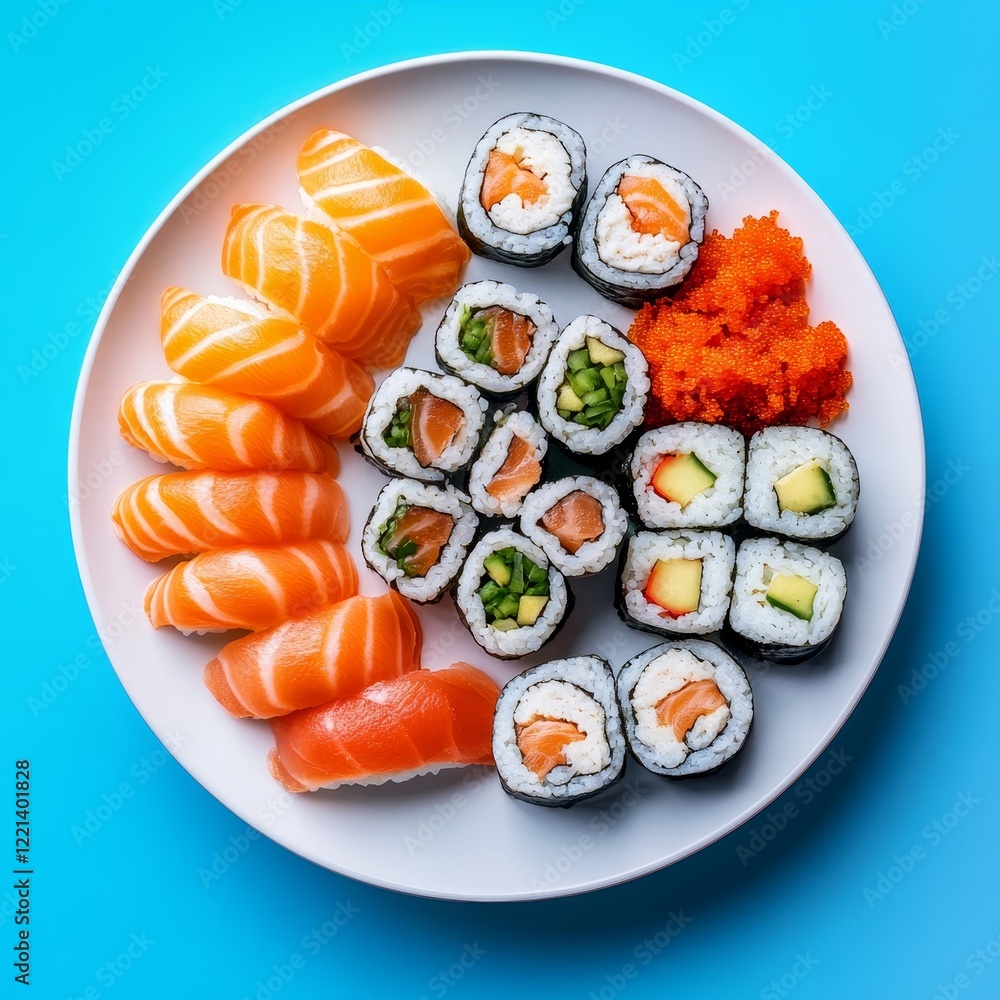 A beautifully arranged sushi platter featuring an assortment of nigiri and maki rolls, set against a striking blue background, showcasing Japanese cuisine's elegance. A beautifully arranged sushi platter featuring an assortment of nigiri and maki rolls, set against a striking blue background, showcasing Japanese cuisine's elegance.