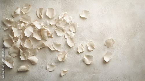 Delicate white rose petals scattered on a textured off-white background.  Perfect for wedding invitations or romantic designs.