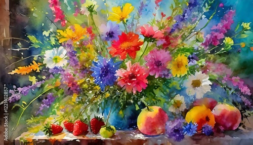 A wildflower bouquet and sunlit fruits transform a sleek kitchen into a vibrant retreat, blending charm, warmth, and nature's beauty for a cozy yet elegant ambiance.