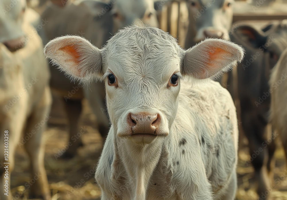 Curious Young Calf Portrait Amid a Herd of Grazing Cattle, Capturing Farm Life and Animal Behavior in a Serene Pastoral Setting Curious Young Calf Portrait Amid a Herd of Grazing Cattle, Capturing Farm Life and Animal Behavior in a Serene Pastoral Setting