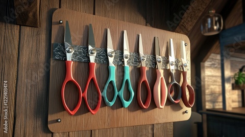 Colorful scissors displayed on wooden wall, rustic shop background photo