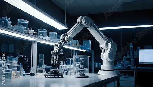 Robotic Arm in a Modern Lab: A Cool Blue Industrial Scene