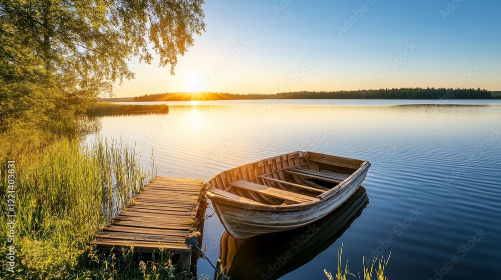 Wooden boat at sunrise on lake with peaceful reflection and calm water Wooden boat at sunrise on lake with peaceful reflection and calm water