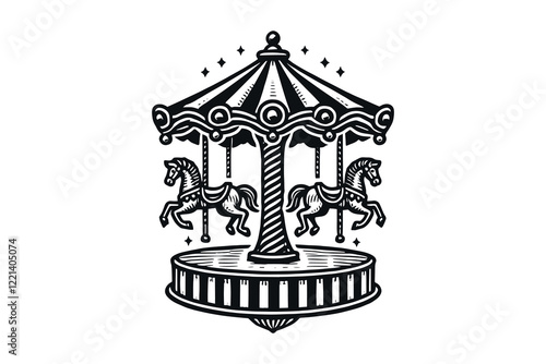 Vintage carousel logo with ornate horses and striped canopy, vector art