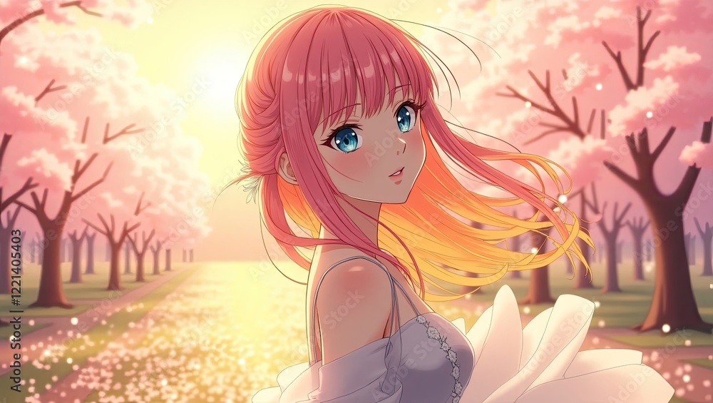 A close up of an animated pink haired woman smiling in front of cherry blossom trees. A close up of an animated pink haired woman smiling in front of cherry blossom trees.