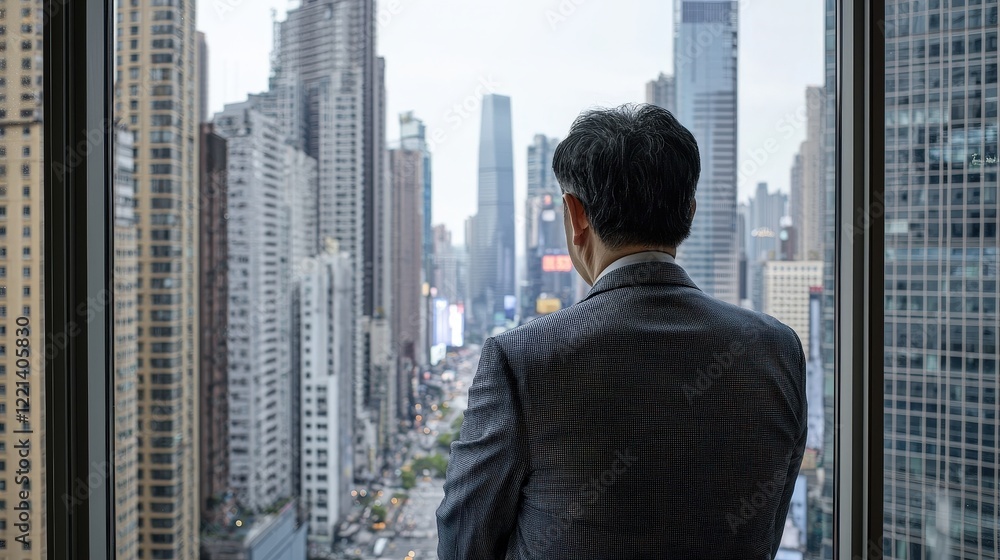 Asian businessman in a suit standing by a high-rise window, gazing at a cityscape of skyscrapers, symbolizing contemplation and ambition. Perfect for corporate and urban themes. Asian businessman in a suit standing by a high-rise window, gazing at a cityscape of skyscrapers, symbolizing contemplation and ambition. Perfect for corporate and urban themes.