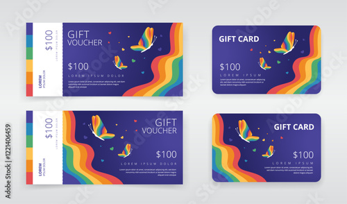 LGBTQ themed gift voucher, regular or e-gift card templates featuring rainbow flag, butterflies and hearts. Ideal for promotions in pride month or similar events and celebrations