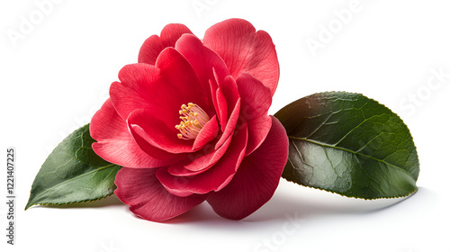 A vibrant red camellia blossom with lush green leaves, isolated on a white background. Perfect for elegant designs.