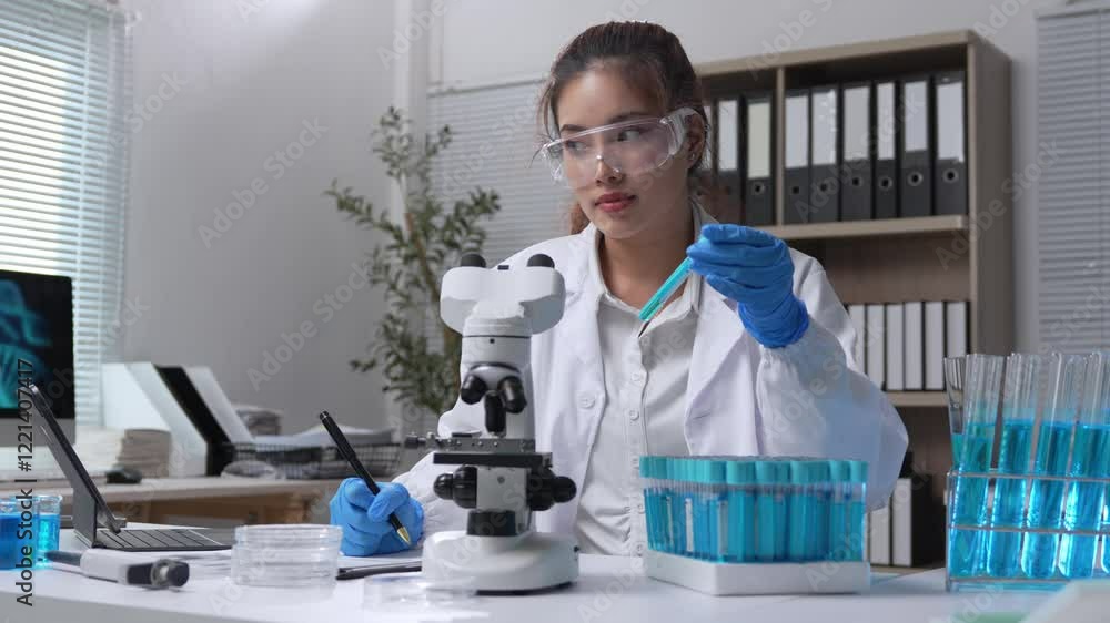 Female scientist conducting detailed investigation of blue liquid filled test tubes using advanced microscope in professional laboratory environment, documenting research findings