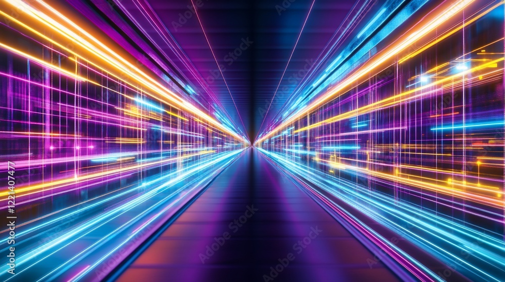 Abstract futuristic background with neon light trails and geometric grid pattern creating a sense of depth Abstract futuristic background with neon light trails and geometric grid pattern creating a sense of depth