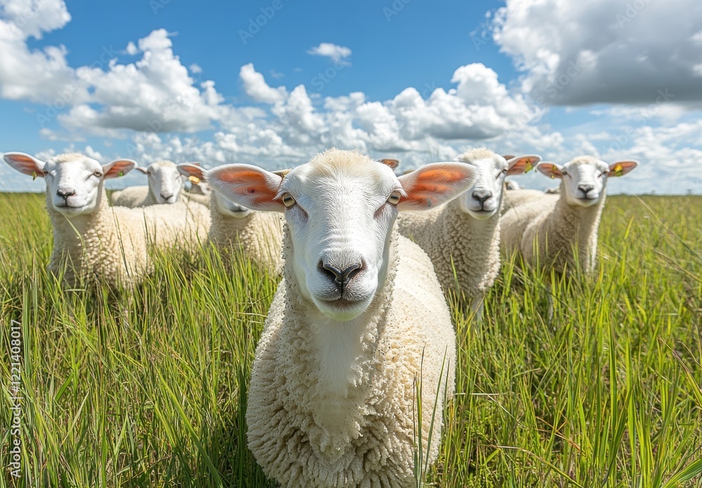 Fototapeta premium Group of fluffy sheep standing in a vibrant green field under a bright blue sky filled with soft white clouds, showcasing the beauty of rural life and nature.