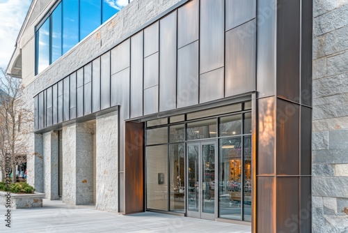 Wallpaper Mural A retail building with a unique metal and glass facade, clean stone walls, and sleek entrance doors Torontodigital.ca