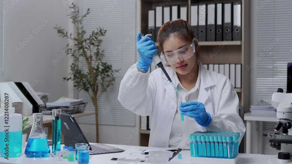 Professional female scientist conducting precise research, carefully pipetting blue chemical solution during detailed analytical process in modern laboratory setting Professional female scientist conducting precise research, carefully pipetting blue chemical solution during detailed analytical process in modern laboratory setting
