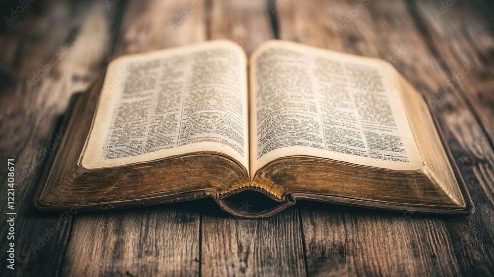 An old open book displaying its aged paper and printed text, resting on wooden planks An old open book displaying its aged paper and printed text, resting on wooden planks