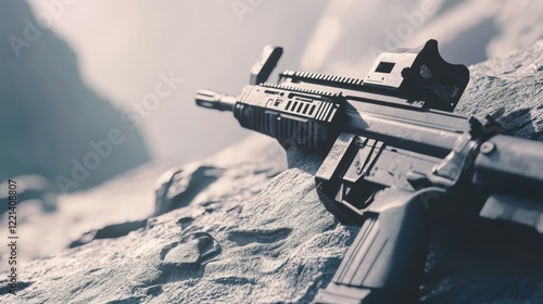 Close-up view of a modern assault rifle on rocky terrain with detailed textures. Generative AI photo