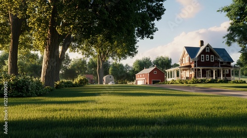 A serene rural landscape featuring a large farmhouse and outbuildings surrounded by mature trees and green grass