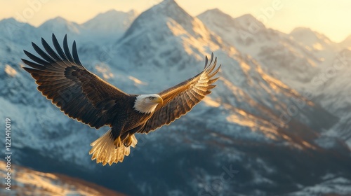 Wallpaper Mural A majestic eagle soaring high above a mountain range, its powerful wings spread wide, capturing the essence of freedom and wild. Golden sunlight highlights the eagle's feathers against clear sky. Torontodigital.ca