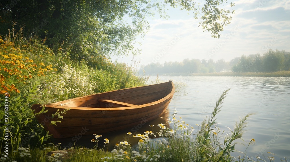 A serene river scene featuring a wooden boat gently floating near the floral riverbank A serene river scene featuring a wooden boat gently floating near the floral riverbank