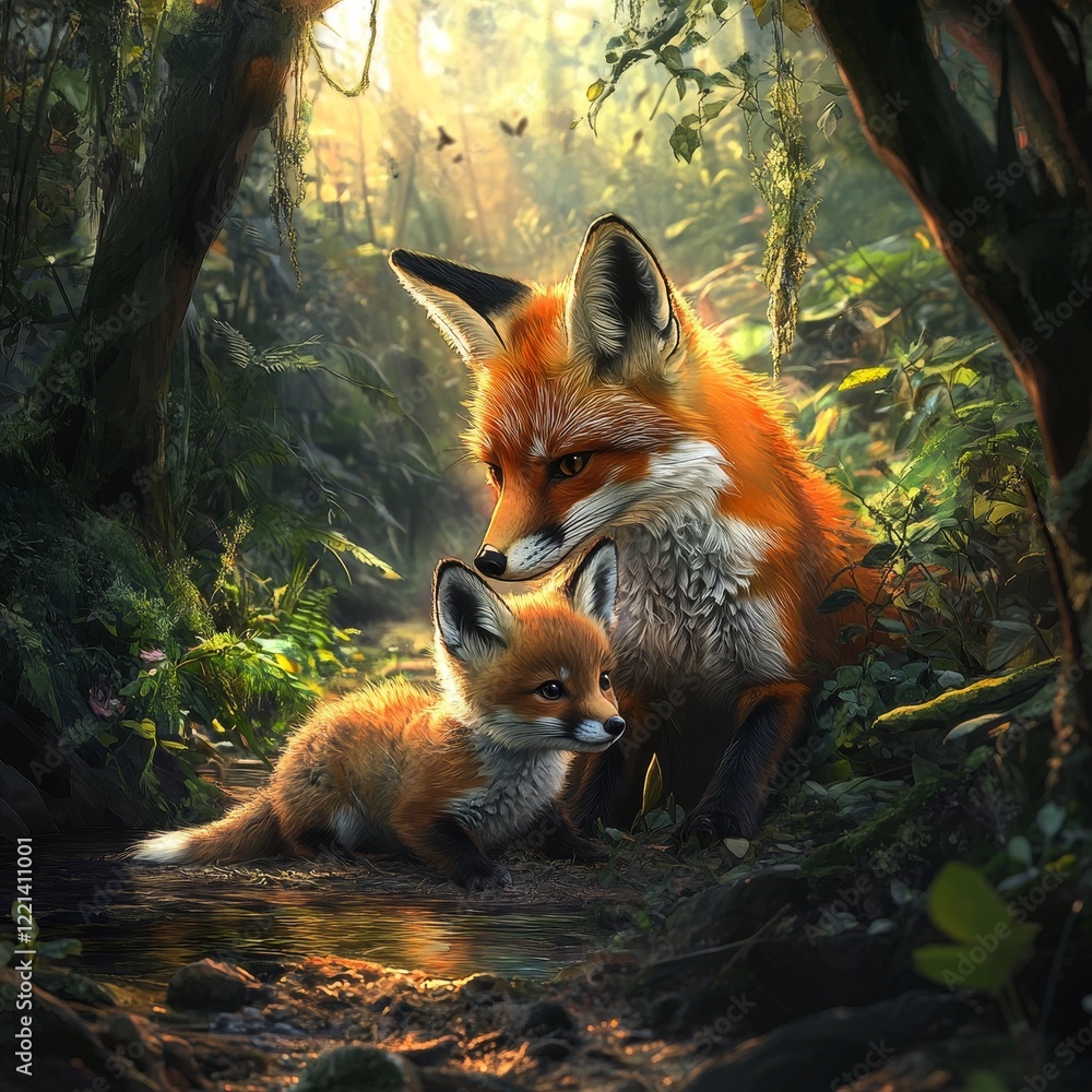 Naklejka premium A tranquil scene featuring a mother fox with her cub in the dense forest surrounded by vibrant green foliage and sunlight filtering through the trees.
