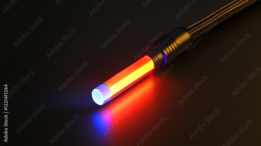 Naklejka premium Illuminated Fiber Optic Cable with Glowing Red Orange and Blue Light Effect